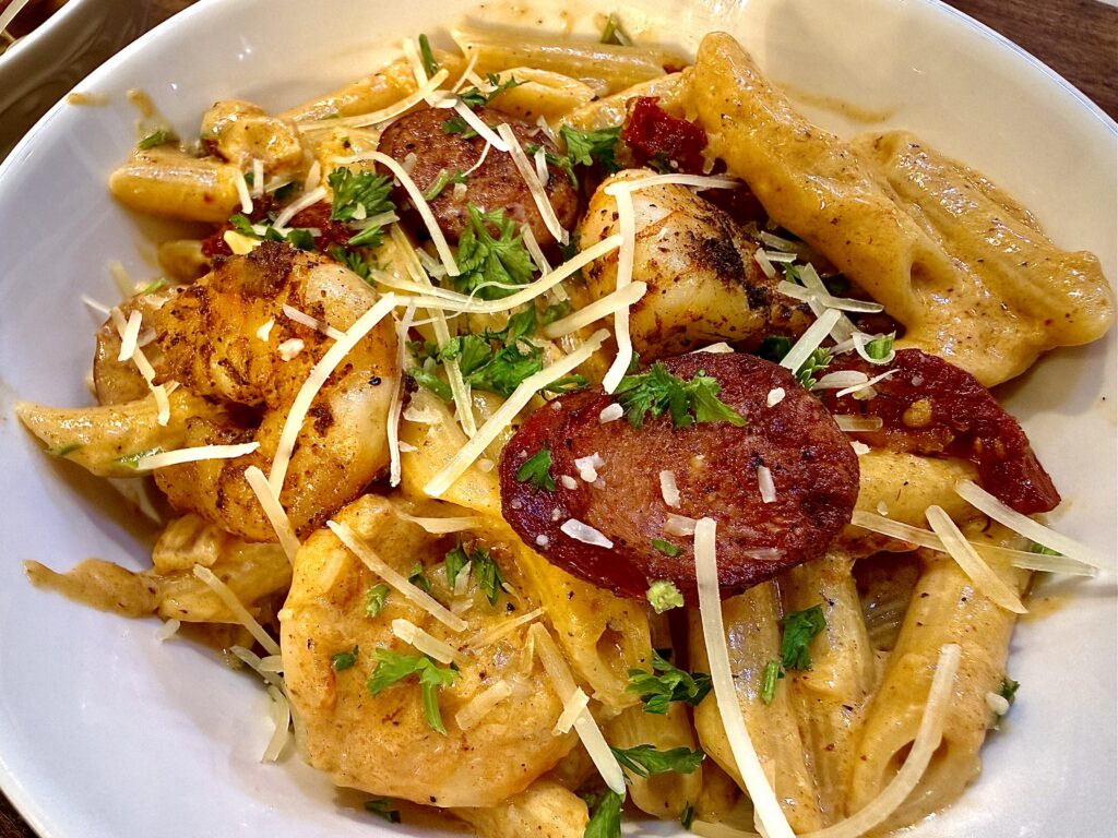 Creamy Cajun Sausage and Shrimp Pasta