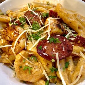 Creamy Cajun Sausage and Shrimp Pasta